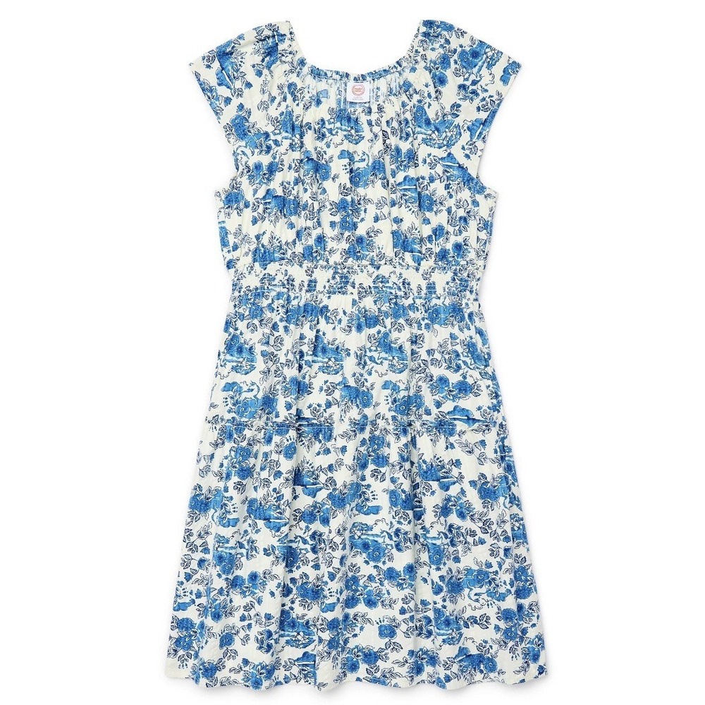 WN Girls Short Sleeve Smocked Waist Dress Floral Pattern Fresh Ivory S 6/6X